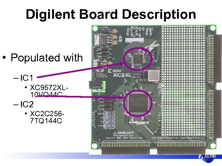 Digilent Board Description • Populated with – IC 1 • XC 9572 XL 10