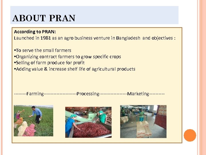 ABOUT PRAN According to PRAN: Launched in 1981 as an agro business venture in