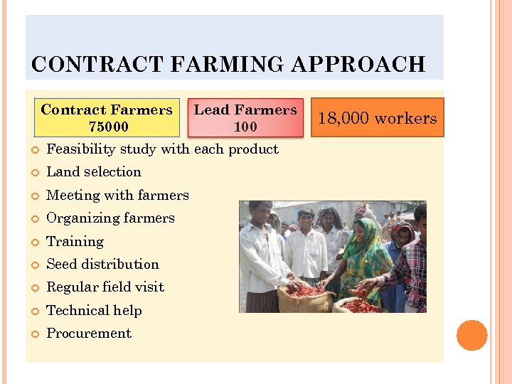 CONTRACT FARMING APPROACH Contract Farmers 75000 Lead Farmers 100 Feasibility study with each product