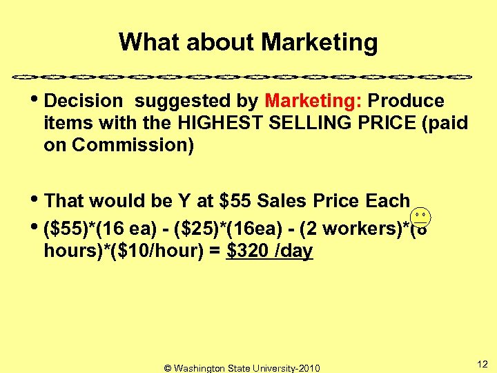 What about Marketing • Decision suggested by Marketing: Produce items with the HIGHEST SELLING