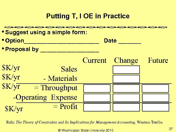 Putting T, I OE in Practice • Suggest using a simple form: • Option____________