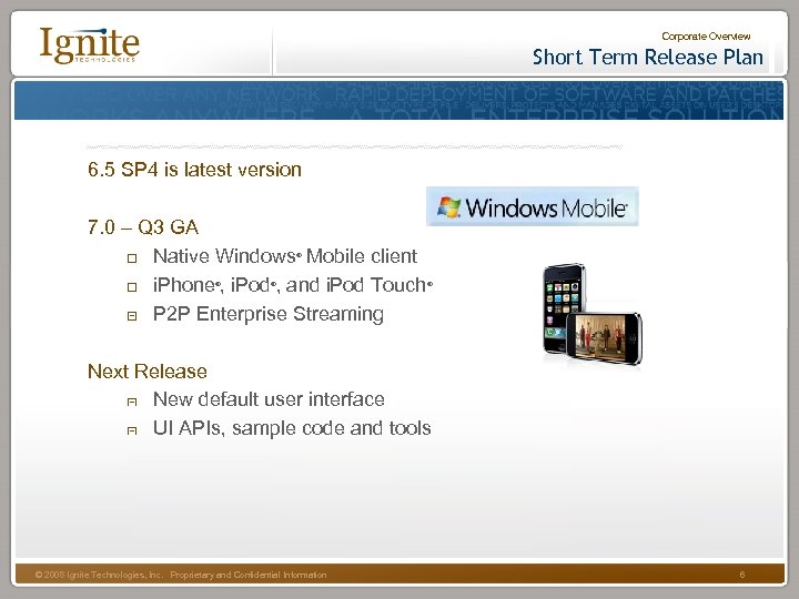 Corporate Overview Short Term Release Plan 6. 5 SP 4 is latest version 7.