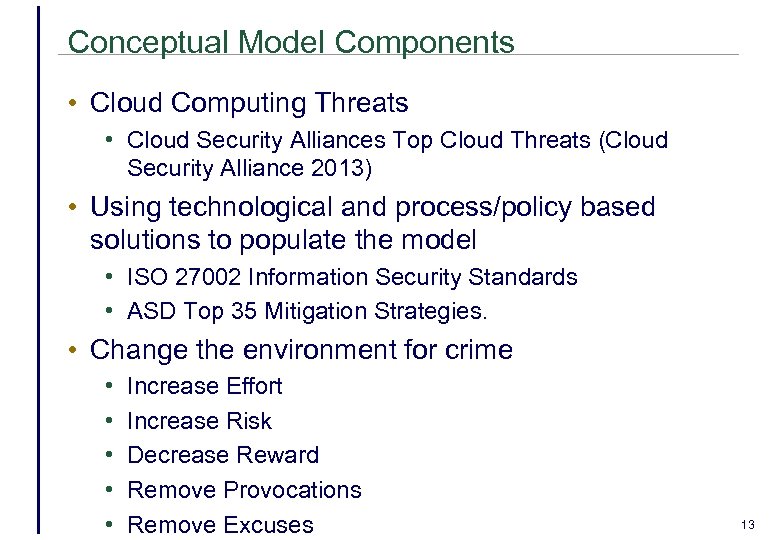 Conceptual Model Components • Cloud Computing Threats • Cloud Security Alliances Top Cloud Threats