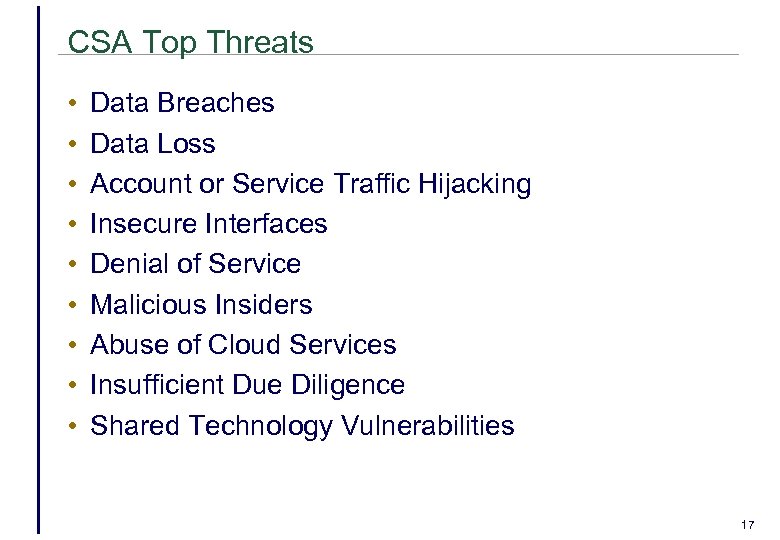 CSA Top Threats • • • Data Breaches Data Loss Account or Service Traffic