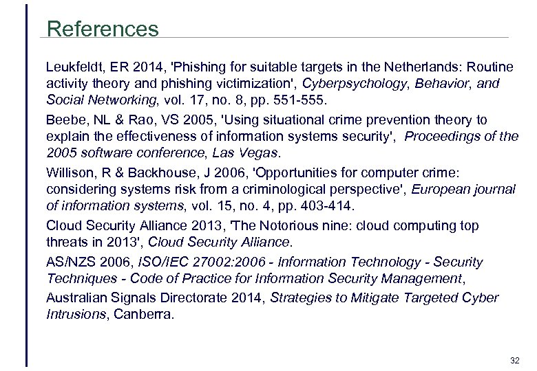 References Leukfeldt, ER 2014, 'Phishing for suitable targets in the Netherlands: Routine activity theory