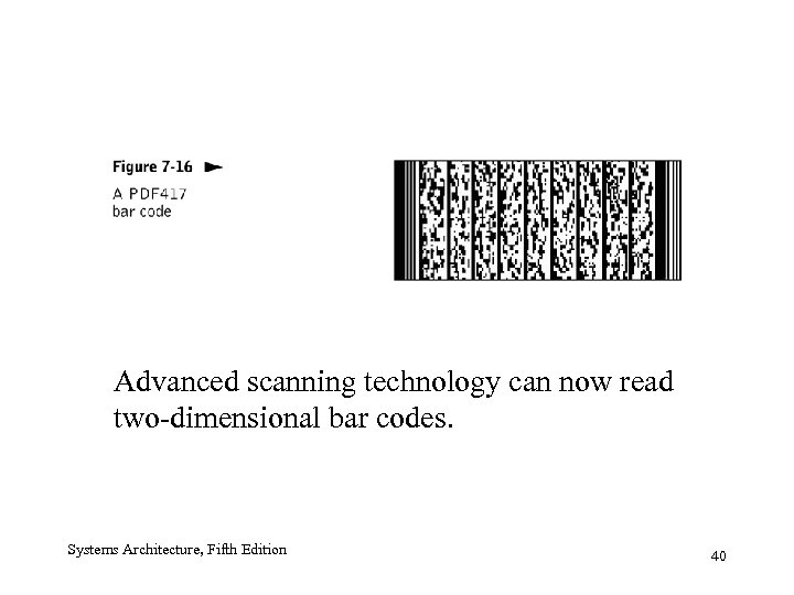 Advanced scanning technology can now read two-dimensional bar codes. Systems Architecture, Fifth Edition 40