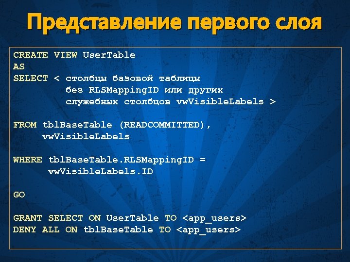 Представление первого слоя CREATE VIEW User. Table AS SELECT < столбцы базовой таблицы без