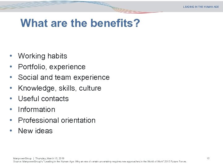 LEADING IN THE HUMAN AGE What are the benefits? • • Working habits Portfolio,