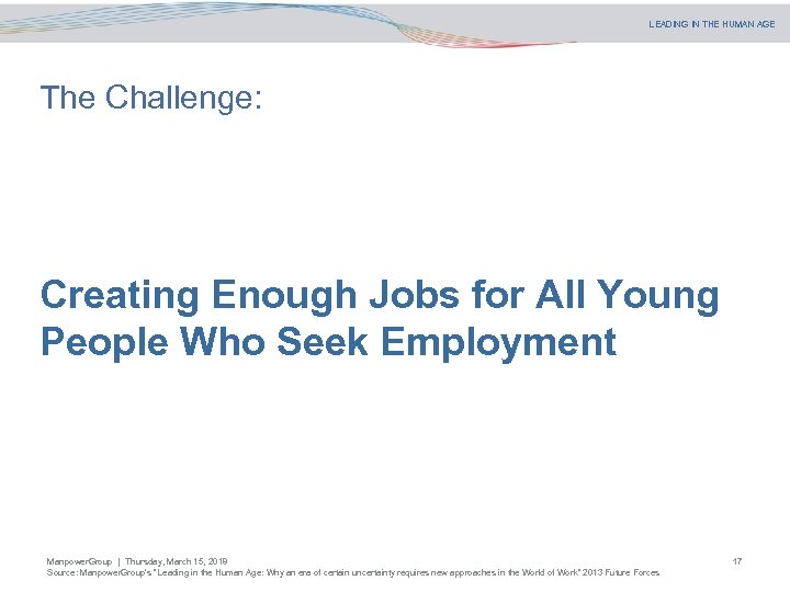 LEADING IN THE HUMAN AGE The Challenge: Creating Enough Jobs for All Young People
