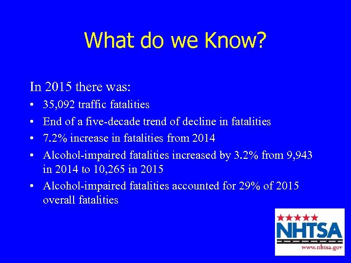 What do we Know? In 2015 there was: • • 35, 092 traffic fatalities