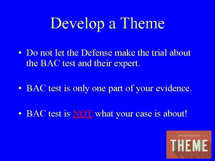 Develop a Theme • Do not let the Defense make the trial about the