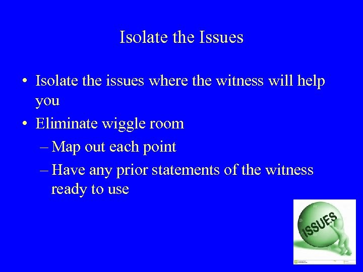 Isolate the Issues • Isolate the issues where the witness will help you •