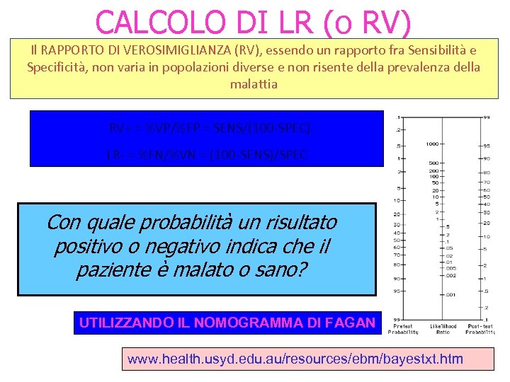 CALCOLO DI LR (o RV) Il RAPPORTO DI VEROSIMIGLIANZA (RV), essendo un rapporto fra