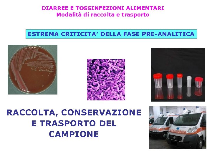 DIARREE E TOSSINFEZIONI ALIMENTARI Modalità di raccolta e trasporto ESTREMA CRITICITA’ DELLA FASE PRE-ANALITICA