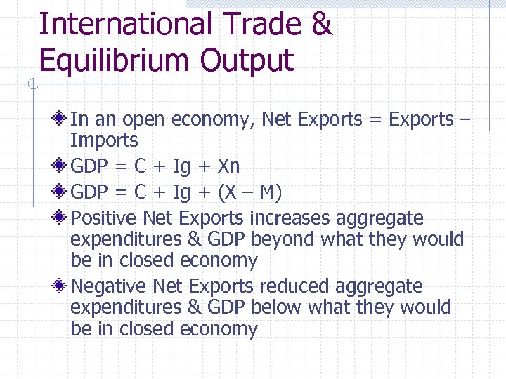 International Trade & Equilibrium Output In an open economy, Net Exports = Exports –