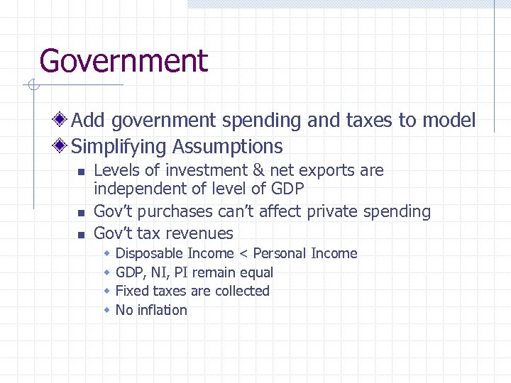 Government Add government spending and taxes to model Simplifying Assumptions n n n Levels