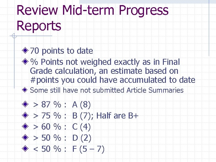 Review Mid-term Progress Reports 70 points to date % Points not weighed exactly as