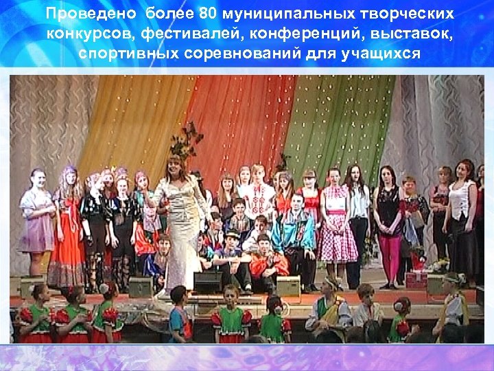 Проведено более 80 муниципальных творческих конкурсов, фестивалей, конференций, выставок, спортивных соревнований для учащихся 