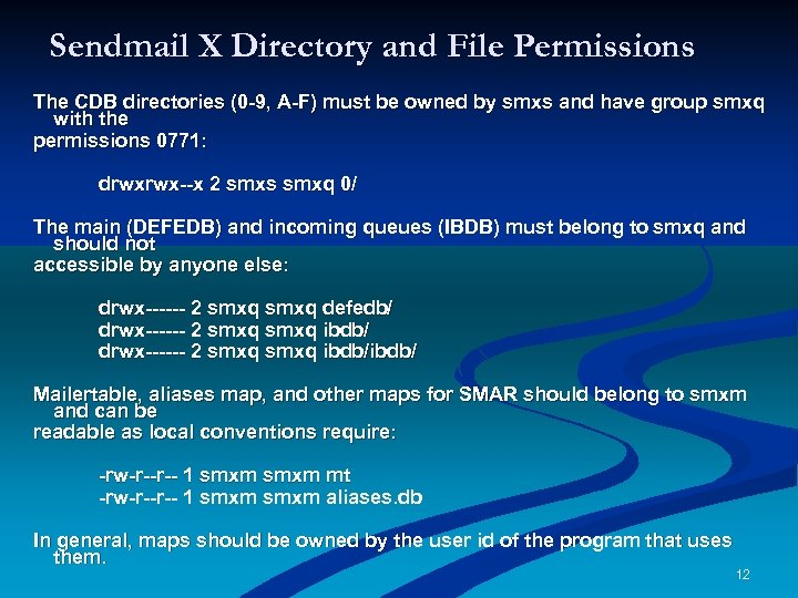 Sendmail X Directory and File Permissions The CDB directories (0 -9, A-F) must be