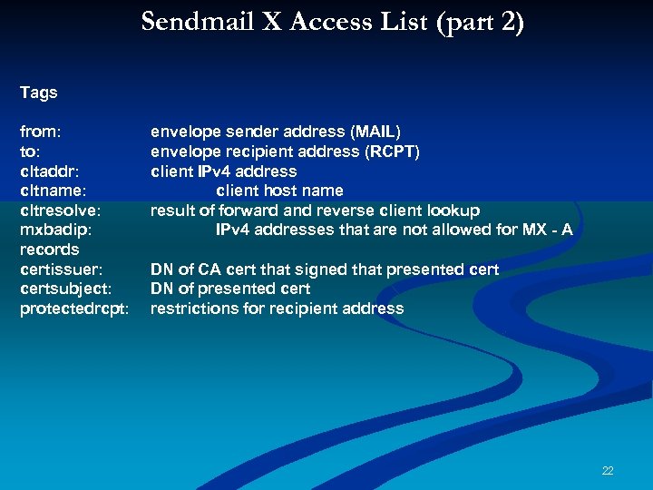 Sendmail X Access List (part 2) ( Tags from: to: cltaddr: cltname: cltresolve: mxbadip: