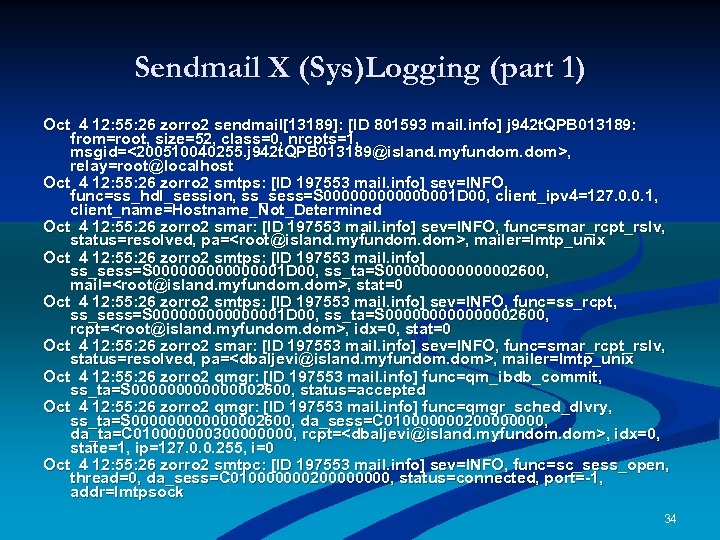 Sendmail X (Sys)Logging (part 1) Oct 4 12: 55: 26 zorro 2 sendmail[13189]: [ID