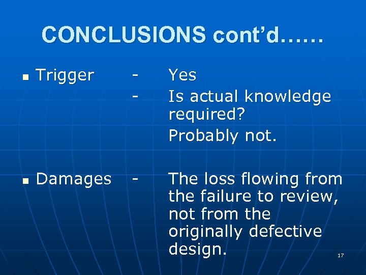 CONCLUSIONS cont’d…… n Trigger - Yes Is actual knowledge required? Probably not. n Damages