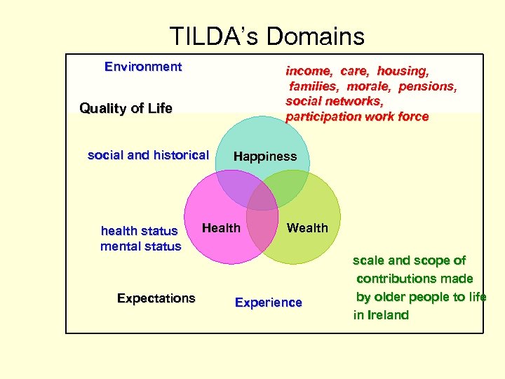 TILDA’s Domains Environment income, care, housing, families, morale, pensions, Factors Influencing the Experience of