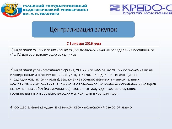 Централизация закупок С 1 января 2016 года 2) наделение УО, УУ или несколько УО,