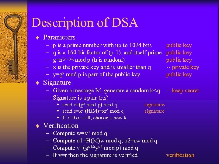 Description of DSA ¨ Parameters – – – p is a prime number with