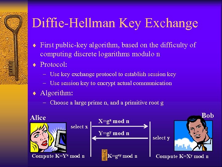 Diffie-Hellman Key Exchange ¨ First public-key algorithm, based on the difficulty of computing discrete