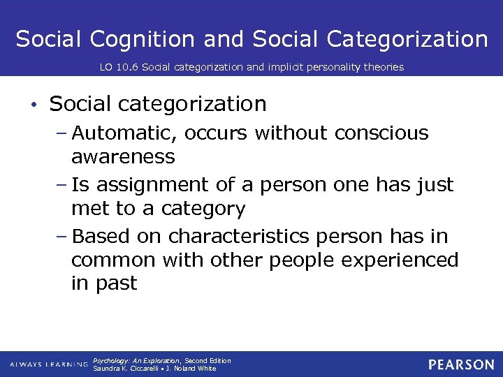 Social Cognition and Social Categorization LO 10. 6 Social categorization and implicit personality theories