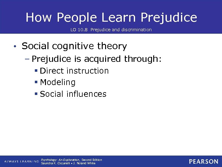 How People Learn Prejudice LO 10. 8 Prejudice and discrimination • Social cognitive theory