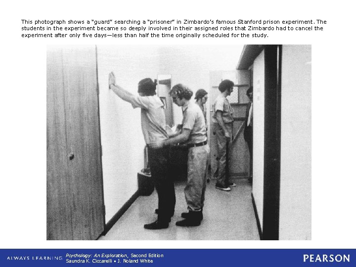 This photograph shows a “guard” searching a “prisoner” in Zimbardo’s famous Stanford prison experiment.