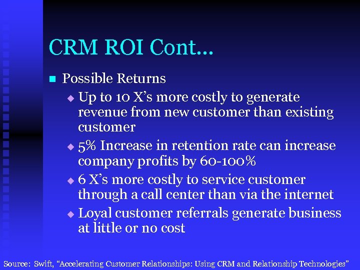 CRM ROI Cont… n Possible Returns u Up to 10 X’s more costly to