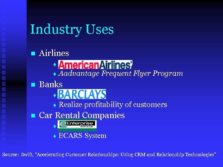 Industry Uses n Airlines AA t Aadvantage Frequent Flyer Program t n Banks Barclays