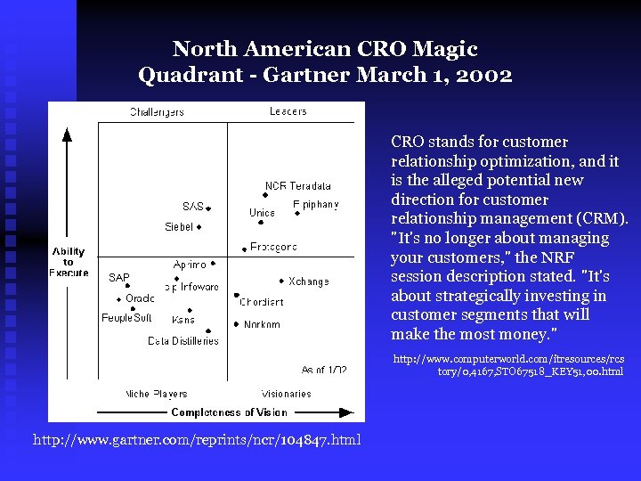North American CRO Magic Quadrant - Gartner March 1, 2002 CRO stands for customer