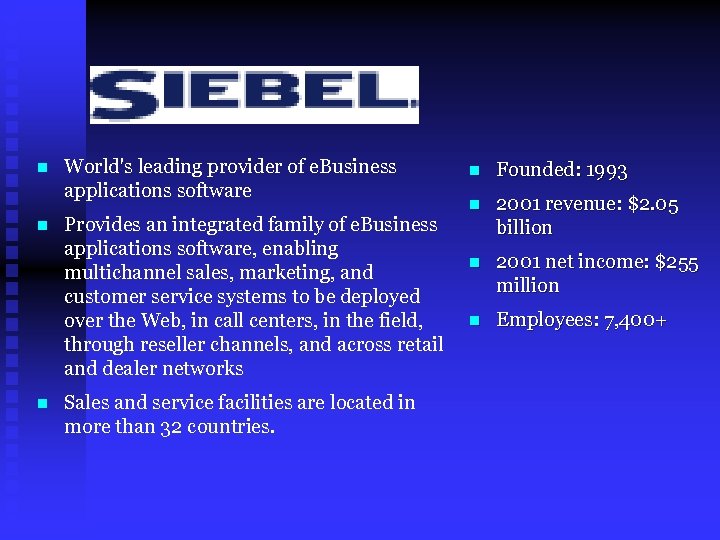 n n n World's leading provider of e. Business applications software Provides an integrated