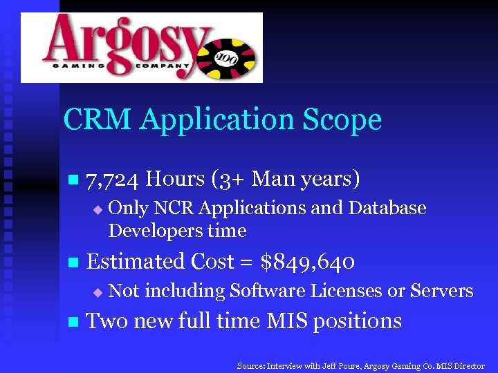 CRM Application Scope n 7, 724 Hours (3+ Man years) u n Estimated Cost