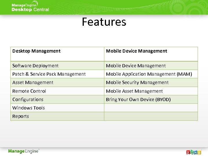 Features Desktop Management Mobile Device Management Software Deployment Mobile Device Management Patch & Service