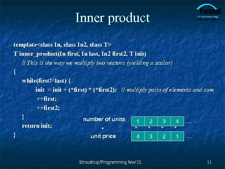 Inner product template<class In, class In 2, class T> T inner_product(In first, In last,