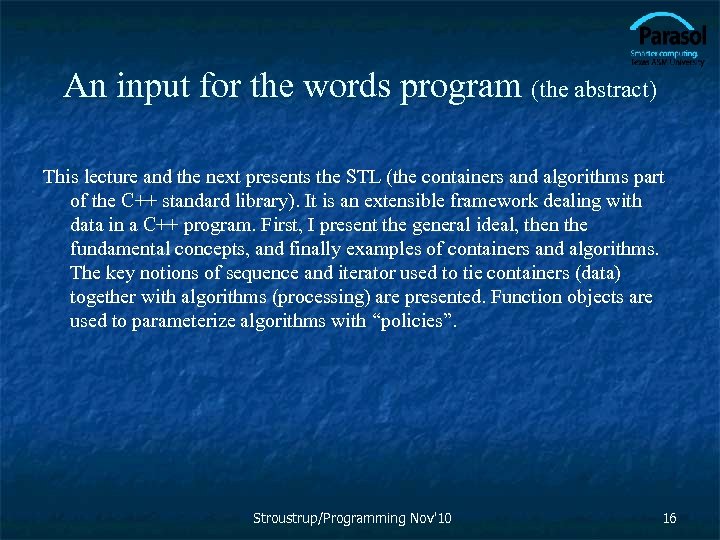 An input for the words program (the abstract) This lecture and the next presents