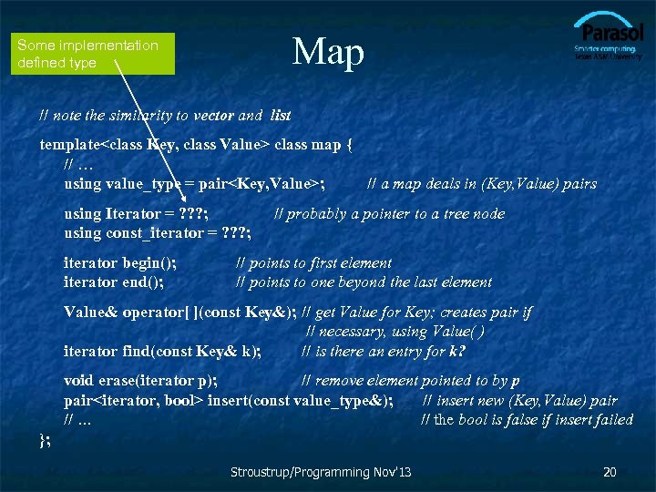 Map Some implementation defined type // note the similarity to vector and list template<class