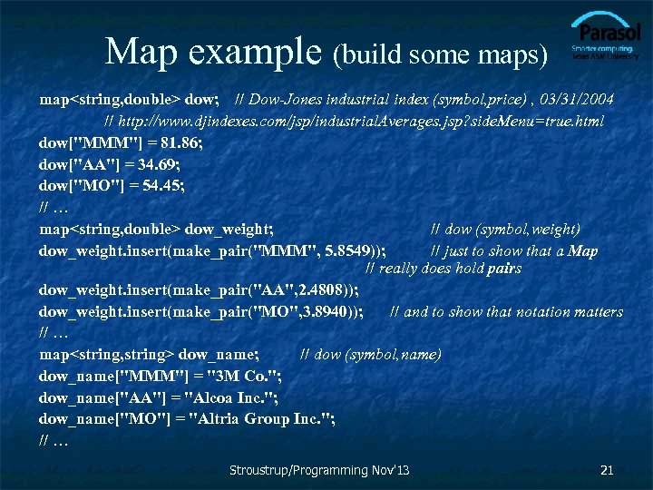 Map example (build some maps) map<string, double> dow; // Dow-Jones industrial index (symbol, price)