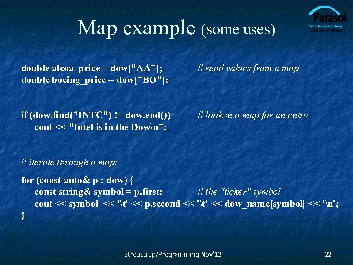 Map example (some uses) double alcoa_price = dow["AA"]; double boeing_price = dow["BO"]; // read