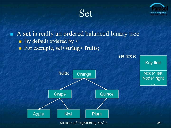 Set n A set is really an ordered balanced binary tree n n By