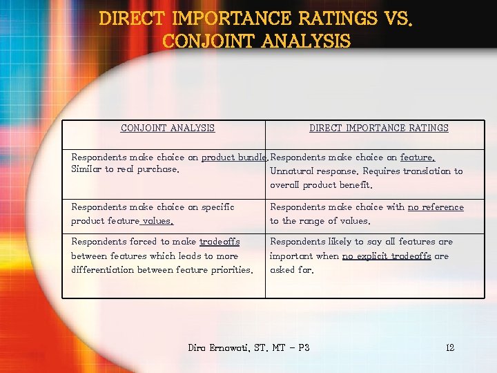 DIRECT IMPORTANCE RATINGS VS. CONJOINT ANALYSIS DIRECT IMPORTANCE RATINGS Respondents make choice on product