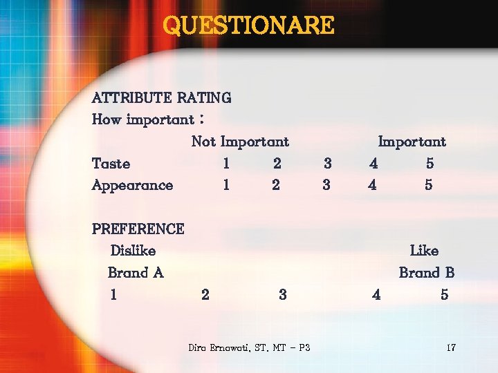 QUESTIONARE ATTRIBUTE RATING How important : Not Important Taste 1 2 Appearance 1 2
