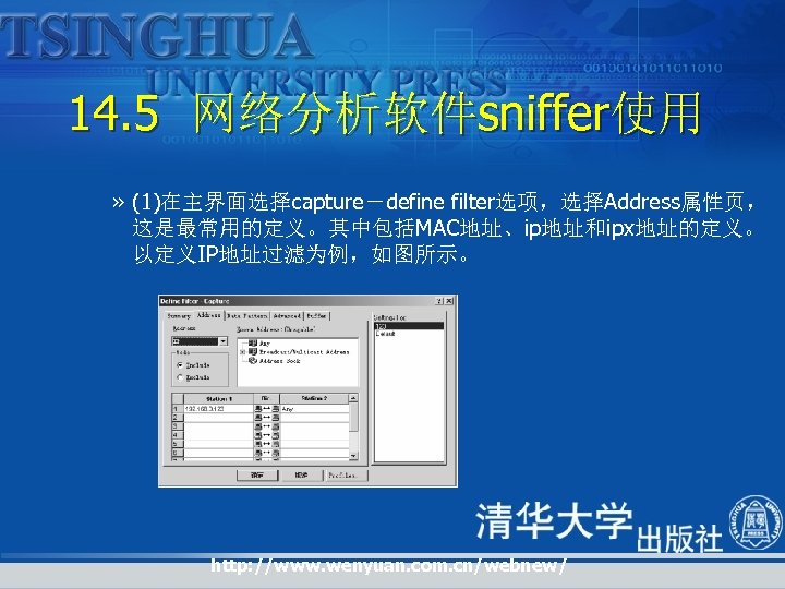 14. 5 网络分析软件sniffer使用 » (1)在主界面选择capture－define filter选项，选择Address属性页， 这是最常用的定义。其中包括MAC地址、ip地址和ipx地址的定义。 以定义IP地址过滤为例，如图所示。 http: //www. wenyuan. com. cn/webnew/ 