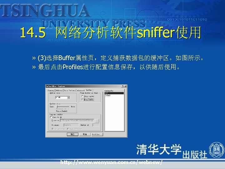 14. 5 网络分析软件sniffer使用 » (3)选择Buffer属性页，定义捕获数据包的缓冲区。如图所示。 » 最后点击Profiles进行配置信息保存，以供随后使用。 http: //www. wenyuan. com. cn/webnew/ 