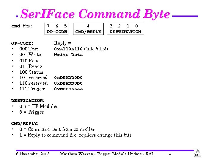 Ser. IFace Command Byte cmd bits: 7 6 5 OP-CODE: • 000 Test •